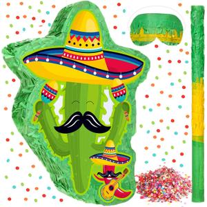 Lenwen Mexico Cactus Piata 16x12x3 Inch Cactus Piata with Stick Blindfold and Confetti Pepper Piata with Mexico Hat Cinco De Mayo Fiesta Red Chili Piata for Party Game