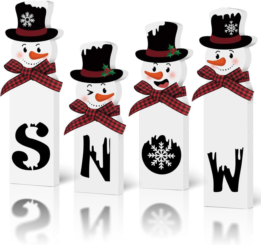 Christmas Snowman Decorations Indoor, Wooden Snowman Block Merry Christmas Sign, Let It Snow Winter Xmas Decor, Cute Xmas Tiered Tray Decorations Table Centerpiece for Mantel Home Holiday Decor