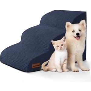 Dog Stairs and Steps for Beds Or Couches, 3-Step Pet Stairs & Steps for Small Dogs and Cats, Soft and Non-Slip Dog Ramp for Older Dogs, Pet with Joint Pain, Easy to Walk (Blue)