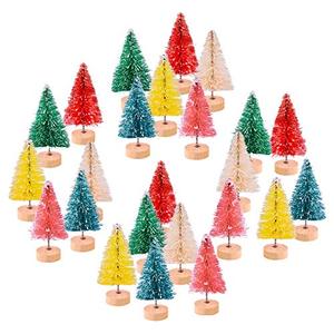KUUQA 24Pcs Multicolor Mini Sisal Trees Bottle Brush Trees Mini Christmas Trees Pine Trees with Wood Base Winter Snow Ornaments Tabletop Tree for Xmas Decor Diorama Models (6 Colors), SMALL SIZE TREES