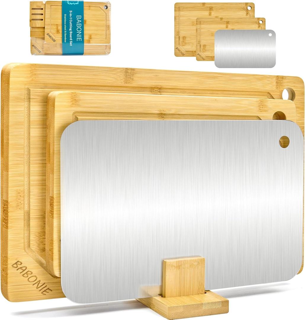 Bamboo Cutting Board Set of 2PC Large Bamboo Cutting Boards for Kitchen with Wooden Organizer, 1PC Stainless Chopping board for Meat, Vegetables and Fruits Ideas Kitchen Gift