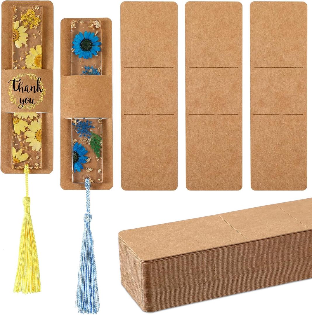 Fumete 50 Pieces Resin Bookmark Holder Bulk 5. 9 x 1. 8 Inches Kraft Bookmark Sleeves DIY Display Cards for Wrapping Small Business Packaging Supplies Party Favor Gifts(Cute,Brown)