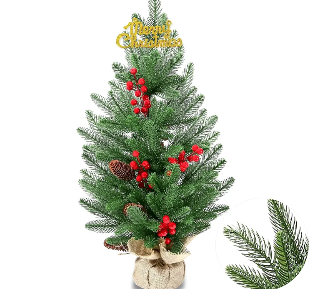 28 Inch Tabletop Christmas Tree, 2.33 Ft Artificial Small Little Real Natural Touch Pine Tree with Red Berries Pine Cones Merry Christmas for Indoor Table Desk Home Bedroom Christmas Decorations