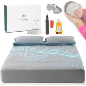 Grounding Sheets Queen Size Grey - Sleep Ritual Bundle - 90% Organic Cotton + 10% Pure Silver Fiber - Earthing Sheets w/15ft Grounding Cord, Mulberry Silk Mask, Outlet & Conductivity Tester