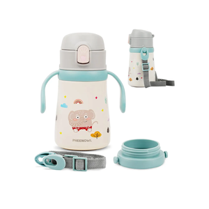 12 oz Kids Insulated Water Bottle with Straw Lid Handles & Strap - SUS 316 Stainless Steel Water Bottles for Boys Girls - Travel Cup for School Sports (Elephant)