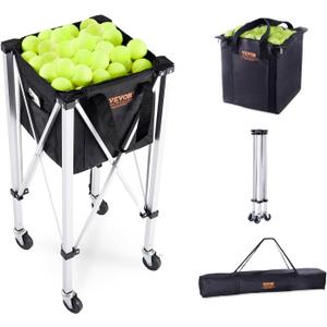 VEVOR Foldable Tennis Ball Hopper, Holds 150-180 Tennis Balls, Lightweight Aluminum Alloy Tennis Ball Basket Cart with Wheels for Tennis Player (black)