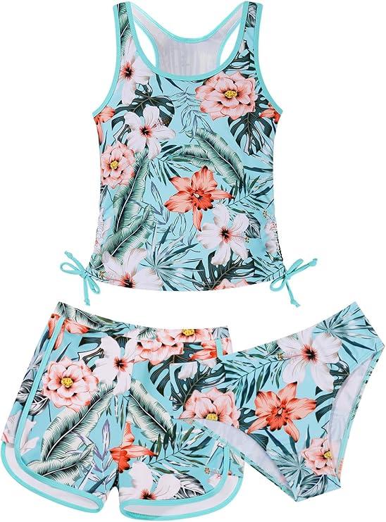 Patgoal Girls 2 Piece Bathing Suit Summer Racerback Top Bikini Swimsuit with Shorts Beach Tankini Sets (15-16 Years, Light Blue + Floral)