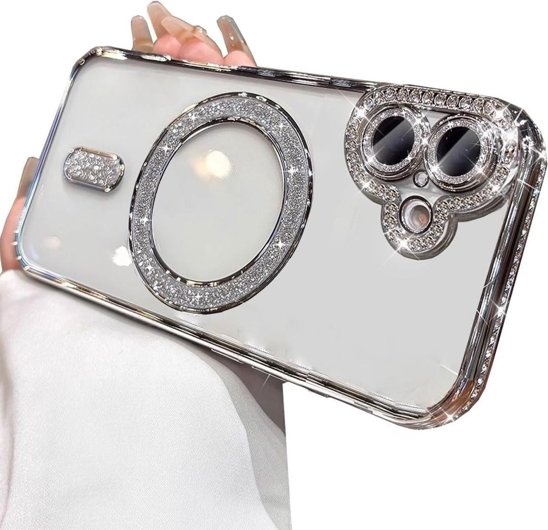 for iPhone 17 Case Magnetic, [Compatible with MagSafe] Women Cute Clear Glitter Bling Diamond Rhinestone Sparkly Case Camera Lens Protectors Plating Cover, Silver