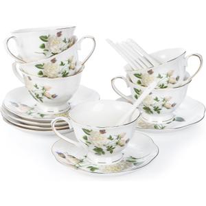 Foraineam Tea Cup and Saucer Set, Porcelain Ivory Floral Coffee Cups with Saucers and Spoons, 6 oz Tea Cup Set with Gold Trim, Latte Cups and Espresso Mug for Coffee Drinks, Latte and Tea, Set of 6
