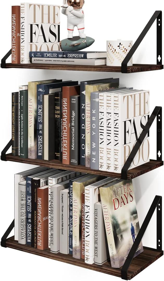 BAMEOS Floating Shelves Rustic Wood Wall Shelf, Small Bookshelf for Living Room, Office, Bedroom, with Metal Bracket