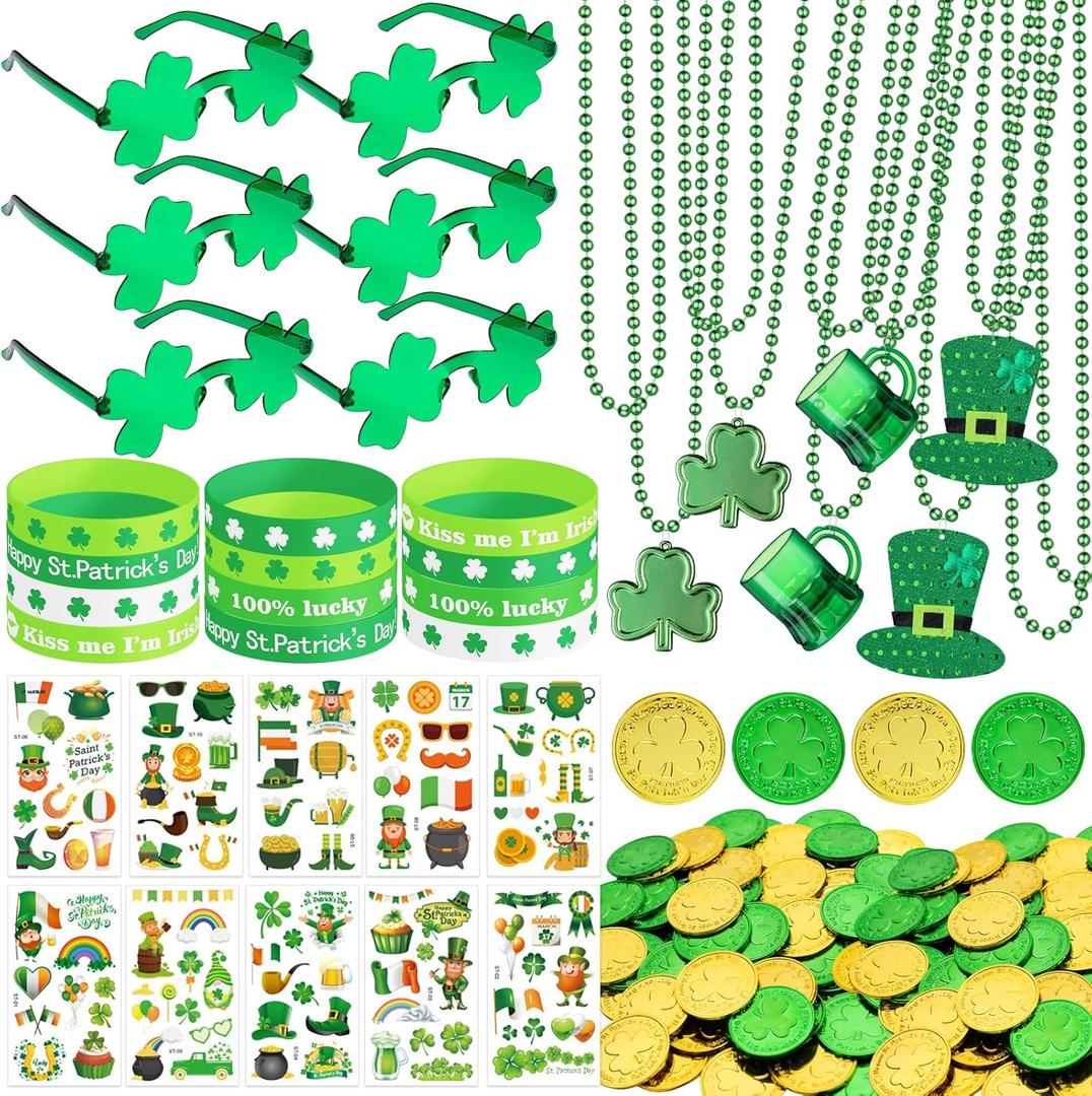 DMIGHT 163Pcs St. Patrick's Day Accessories Party Favor Set, Tattoo Stickers, Necklaces, Bracelets, Shamrock Glasses, lucky Coins for Irish Party Supplies