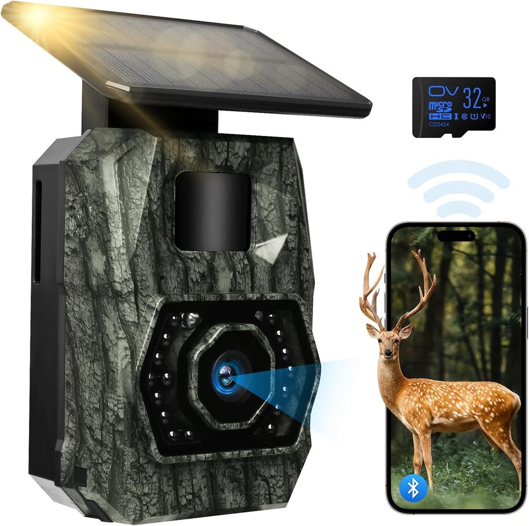 MAXDONE Solar Trail Camera WiFi Bluetooth, 48MP 30fps Game Camera Built-in 5200mAh Rechargeable Battery with Motion Activated 0.1s Trigger Speed Trail Cam IP66 with 32GB TF Card (Dark Green)