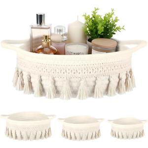 LemonRoad 3 Pcs Round Hand Woven Storage Basket with Handle Multi-size Cotton Rope Small Container Bin for Shelves Empty Gift Basket Closet Toilet Bathroom Nursery Dresser Organizer Boho Decor (White)
