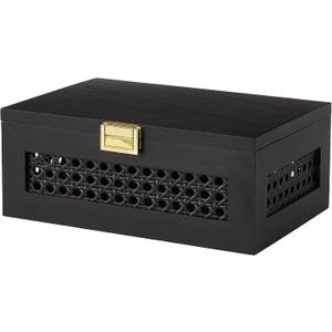 Decorative Rattan Storage Boxes Solid Wood Woven Baskets Bins with Lid Keepsake Memory Jewelry Box Natural Boho Shelf Wicker Closet Desk Organizer Container (Black, Small Size)