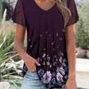 Womens Butterfly Short Sleeve Tops Casual Crew Neck Double Layer Pleated Tunic Loose Fit Tshirts Basic Summer Tops Blouses (Small, Y-purple Flower)