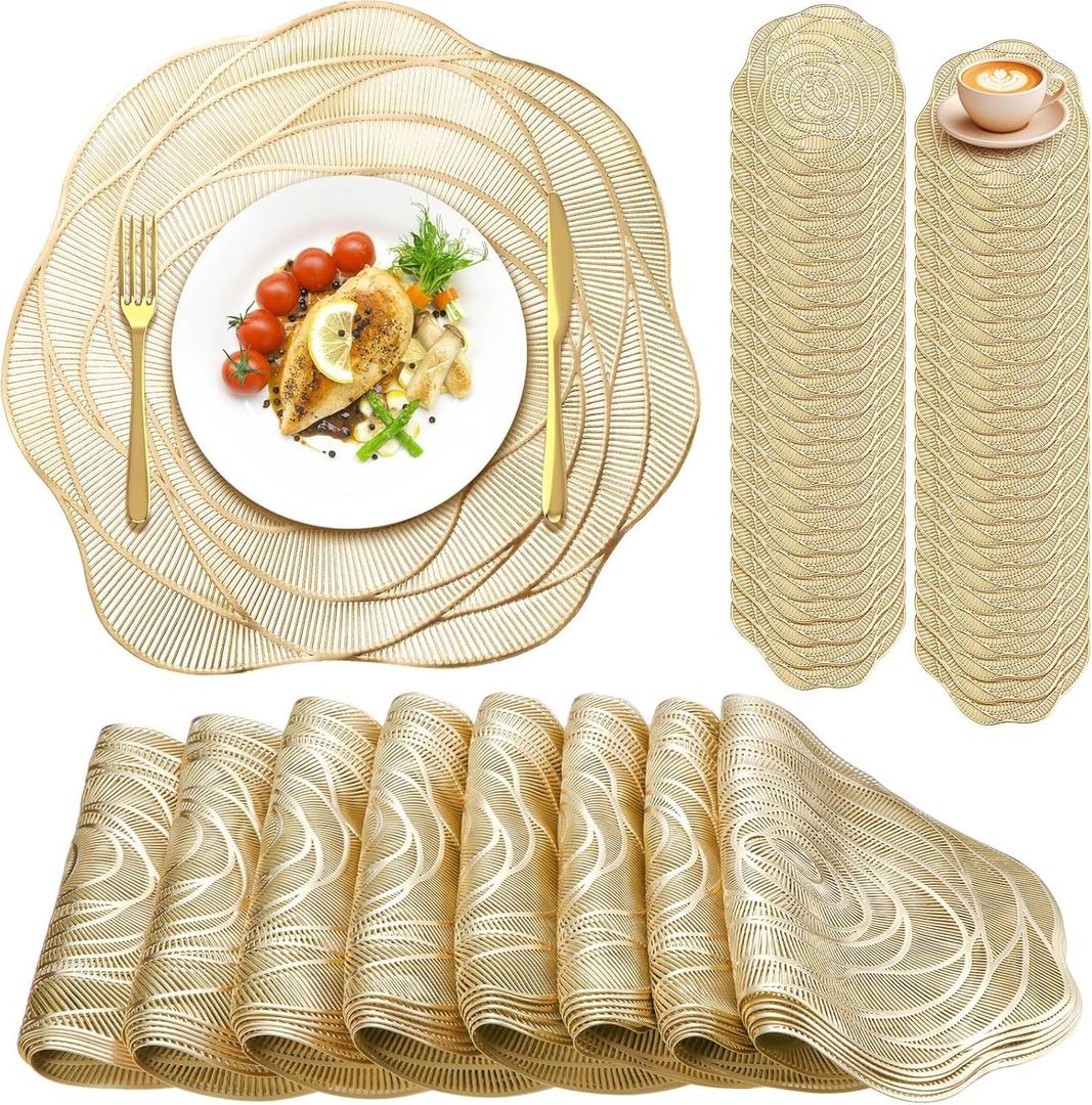 Sieral 48 Set 15 Inch Round Pressed Vinyl Placemats Hollow Out Rose Placemat Set Metallic Slip Resistant Place Mat Coaster Including Place Mats and Coasters for Wedding Dining Kitchen (Gold)