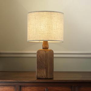 18in Farmhouse Traditional Natural Brown Solid Wood Base Table Lamp with Beige Fabric Shade for Bedroom Living Room