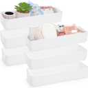 6 Pack Plastic Drawer Organizer, 10'' x 3.3'' x 1.8'' White Stackable Vanity Storage Tray, Narrow Rectangular Organizer Bins for Makeup, Bathroom, Kitchen, Office Desktop Supplies