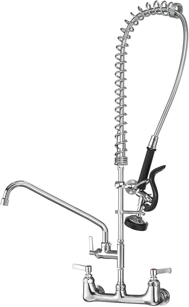 Commercial Sink Faucet with Sprayer for Kitchen: MSTJRY 42" Height 8" Center 14" Swing Spout Pre Rinse Assembly Wall Mount Commercial Faucet with Sprayer Fit for 3 Compartment Sink - Polished Chrome