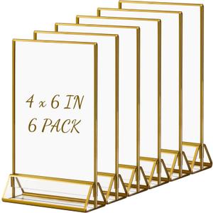 Boxalls Acrylic Sign Holders 4x6 in Gold, 6 Pack Picture Frame Table Number Wedding Holder, Vertical Photo Stand Double Sided, Menu Recipe Restaurant Reserved Display Centerpieces Bulk Frames