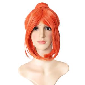 13" Synthetic Orange Hair Short Straight Bob wig with Bangs with One Hair Bun Wig Heat Resistance Fiber Wig for Daily Use, Cosply, Parties and Halloween