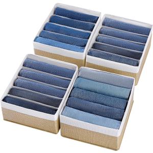 Jeans Drawer Organizers for Clothing,5 Grids Compartment Wardrobe clothes organizer,Fabric Washable Closet Organizers and Storage Bins for Jeans,Pants,Bra,Legging,t-shirt-BeigeWhite
