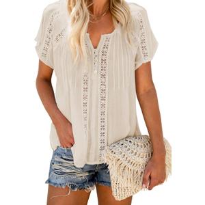 Dokotoo Women's V Neck Lace Crochet Eyelet Tops Short Sleeve Casual Shirts Blouses (Beige, L)