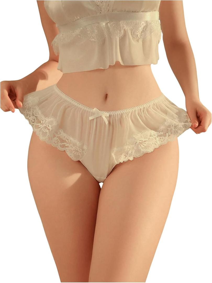 OYOANGLE Women's Lace Sheer Ruffle Thong Panties Bowknot Mid Rise Comfortable Underwear (Large, White)
