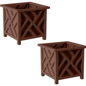 Lattice Design Outdoor Planter Box 2-Pack - 14.75 Square 13 Tall Brown Decorative Plant Pots for Front Porch Decor - Flower Pots Outdoor Planters for Porch Patio or Garden Decor by Pure Garden, Pack of 2