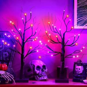 Ganeen 2 Pcs Halloween Decorations Indoor 24 Inch/2 ft Lighted Orange and Purple Birches Tree with Timer 48 LED Lights Willow Battery Operated Artificial Black Tabletop Spooky Tree for Home and Party