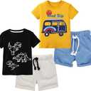 BIBNice Boy Outfits Summer Clothes Kids Cotton Short Sleeve Shirt & Shorts Set, Road Trip & Dinosaur, Size 5T