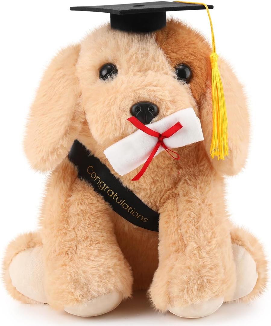 Chalyna 10 Inch 2025 Graduation Gift Dog Stuffed Animal Plush Golden Retriever with Diploma Tassel Graduation Hat Embroidered Blessings Preschool Kindergarten Gift for Friends, Relatives, and Kids