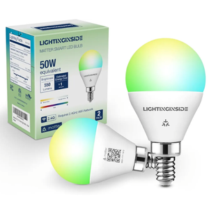 Lightinginside Matter E12 Smart Light Bulbs 50W Equivalent 5W 550LM, Compatible with Alexa/Siri/Apple Home/Google Home/SmartThings, G16.5 RGBCW Candelabra Ceiling Fan Bulb, 2.4G WiFi, ETL Listed, 2PCS
