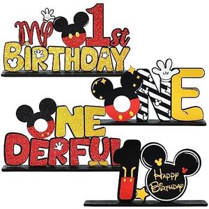TONIFUL Mouse 1st Birthday Party Supplies 1st Table Centerpieces - Red Mouse Theme Design and Sturdy Wooden for One Year Old Birthday Party Favors 1st Birthday Party Decorations (2 Pcs)