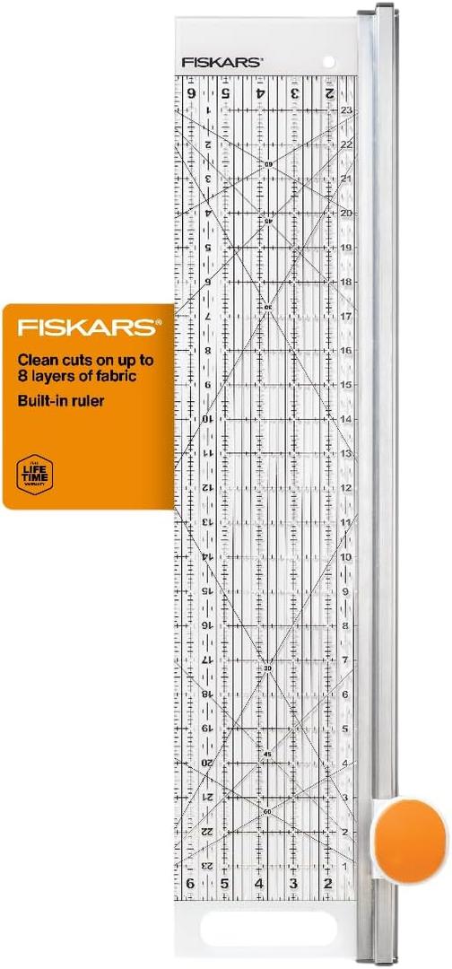 Fiskars Rotary Cutter and Ruler, Quilting Ruler, Rotary Cutter for Fabric, Built-In Measuring Grid & Spring-Action Blade, 24 x 6, Gray/Clear