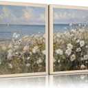 2-Pcs Framed Landscape Wall Art, Coastal Floral Canvas, Beach Scenery Poster Painting For Living Room, Bedroom, Gallery, Home Decor, 16x24 Inches, Ready To Hang (White flowers and sea)