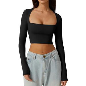 QINSEN Women's Sexy Square Neck Crop Top Long Sleeve Slim Fit Cropped T Shirts (Black)XS