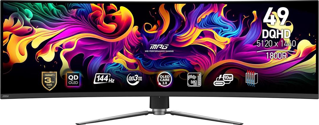 msi MPG 491CQP QD-OLED, 49 Curved OLED Gaming Monitor, 5120 x 1440 (DQHD), 0.03ms Response time, 144Hz, True Black HDR 400, HDMI, DP Port, USB Type C, Tilt, Height