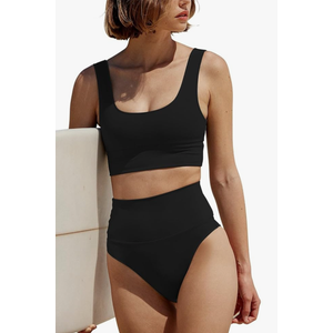 Women's High Waisted Bikini Sets Sporty 2 Piece Swimsuits Middle Cut Bathing Suits 12 Black