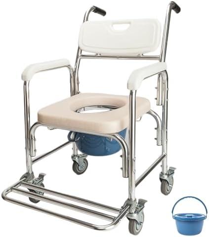 Bedside Commode Wheelchair, 4 in 1 Shower Commode Chair Rolling Transport Chair Toilet with Arms, Mobile Toilet Portable Adult Potty Chair for Seniors, Elderly, Disabled, Bariatric, Pregnant Women