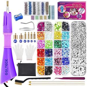 GLTECK Hotfix Applicator, Bedazzler Kit with 5784 PCS Rhinestones for Crafts, DIY Hot Fix Rhinestone Applicator Wand Setter Tool with 7 Tips, 6 Pattern Templates, Gloves, Tweezers & Cleaning Brush