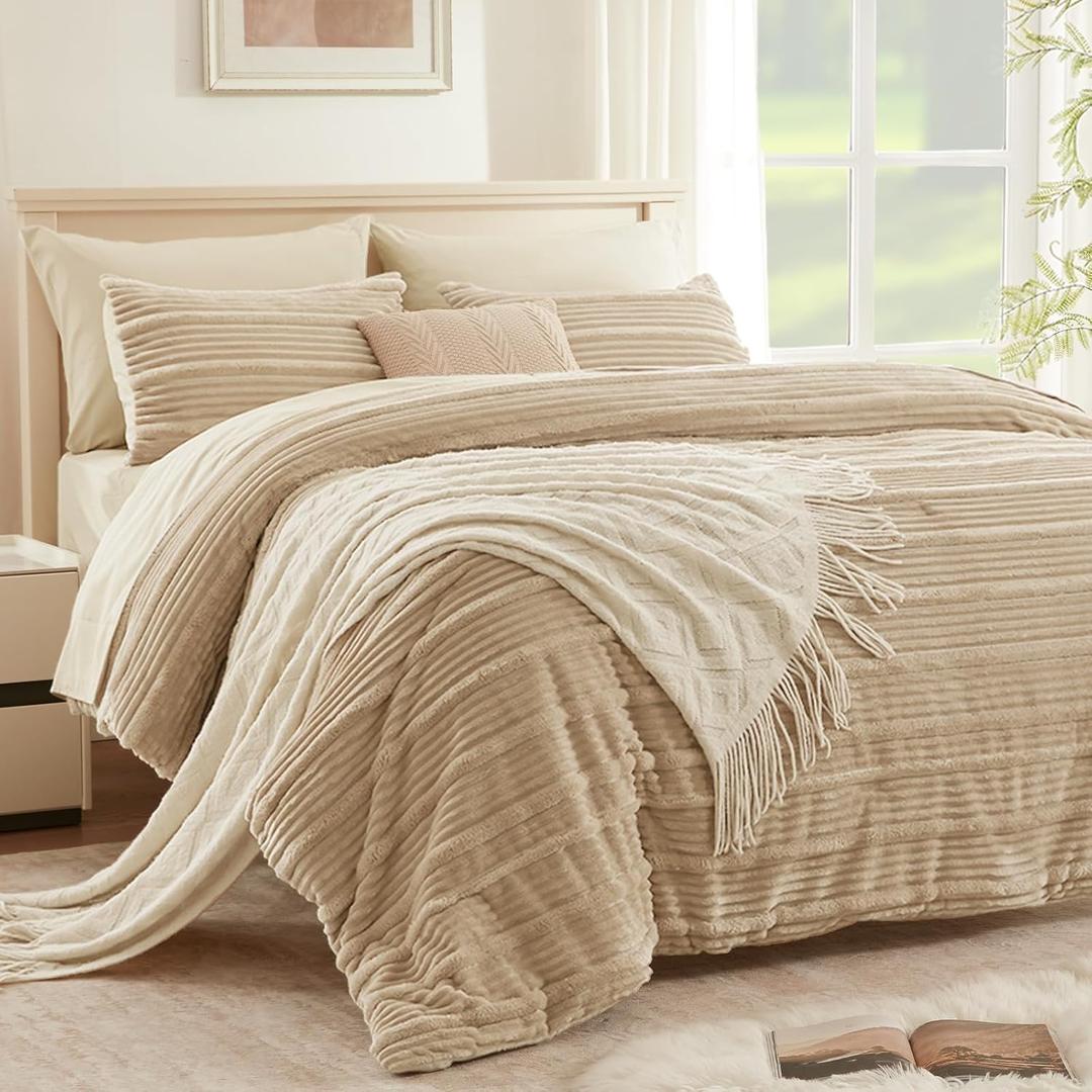 7 Pieces King Comforter Set, Beige Fleece Striped King Bed Set, Soft & Warm Bedding Set, All Season Bed in a Bag Set with 1 Comforter, 2 Pillow Shams, 2 Pillowcases, 1 Flat Sheet, 1 Fitted Sheet 7 Pieces King Comforter Set, Beige Fleece Striped King Bed Set, Soft & Warm Bedding Set, All Season Bed in a Bag Set with 1 Comforter, 2 Pillow Shams, 2 Pillowcases, 1 Flat Sheet, 1 Fitted Sheet