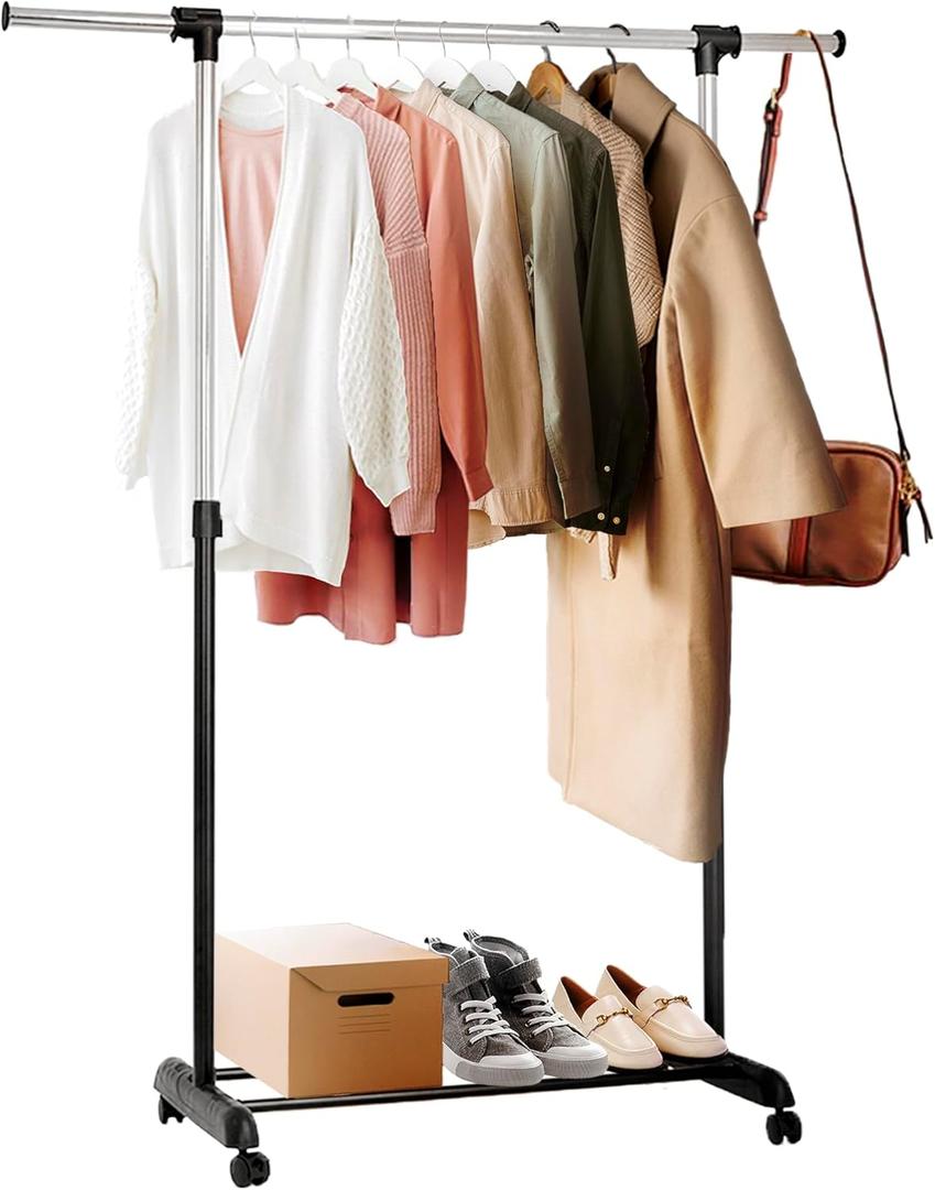 ikloo Clothing Rack with Wheels for Hanging Clothes, Extendable and Adjustable Garment Racks, Freestanding Rolling Closet Laundry Racks for Drying, Portable Clothes Organizer with Shelves, Chrome (Small)