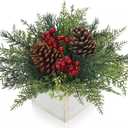 Christmas Centerpieces Table Decorations 10" Small Artificial Potted Christmas Tree Tabletop Pine Plants with Red Berry Pine Cones in Wooden Pot for Home Winter Xmas Mantel Farmhouse Indoor Decor