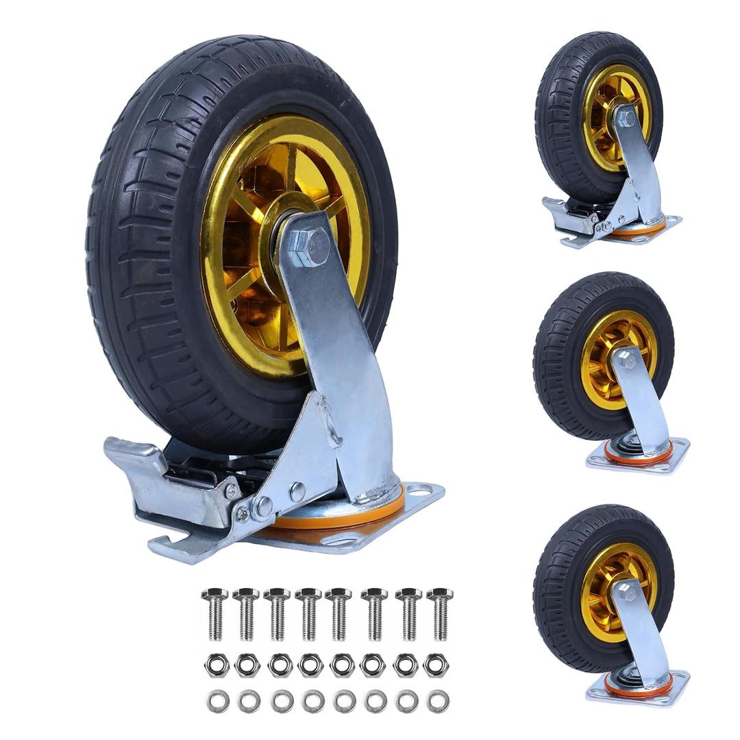 Heavy Duty 8 Inch Caster Wheels, 4 Pack Rubber Plate Caster Wheels with Castors Top Plate, 2 Brake Wheels and 3000Lbs Load Capacity, for Furniture Transport and Industrial Transport