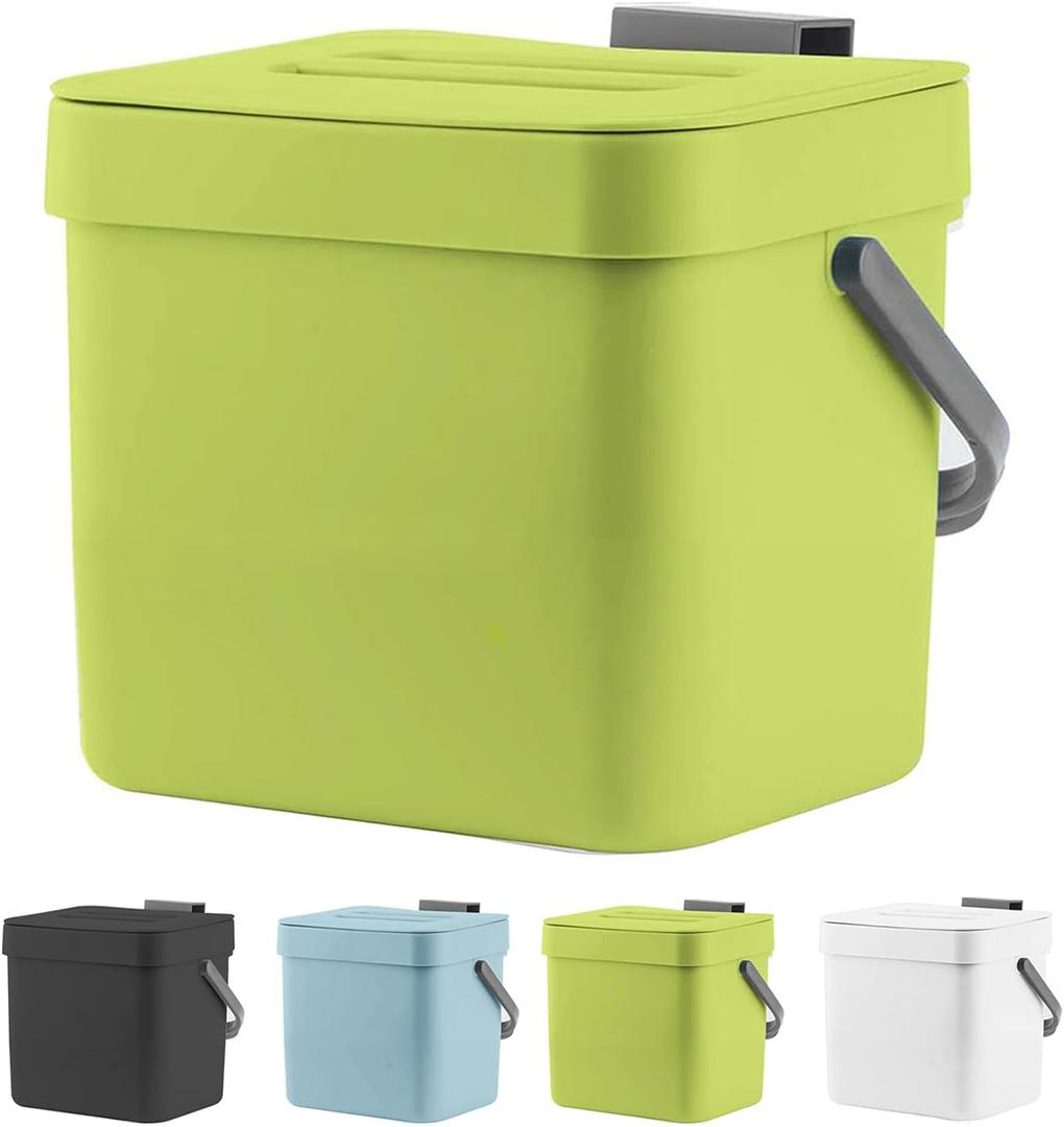 LALASTAR 1.8 Gallon Hanging Trash Can, Green, Plastic, Compost Bin Indoor Kitchen Sealed, Small Trash Can with Lid, Mountable (7L-New)