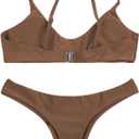 SherryDC Women's Solid Scoop Neck Push Up Padded Brazilian Thong Bikini Swimsuit Bathing Suit (Brown, S)