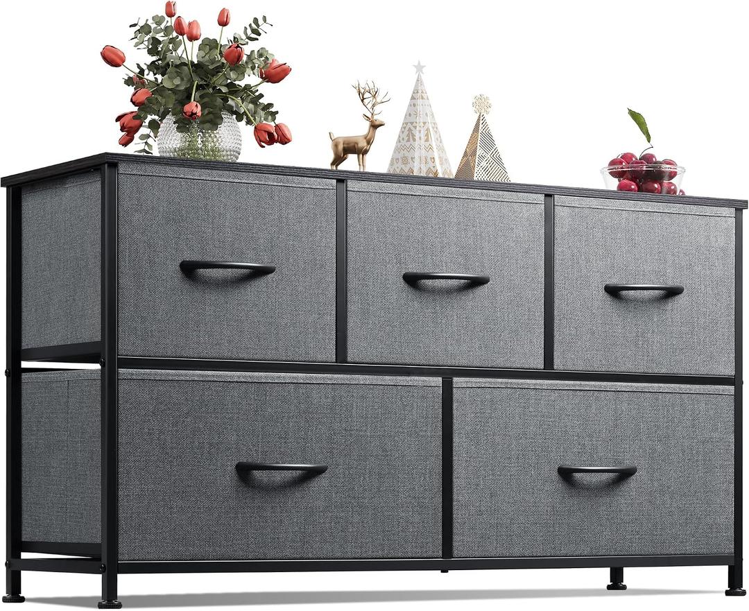 WLIVE Dresser for Bedroom with 5 Drawers, Wide Chest of Drawers, Fabric Dresser, Storage Organizer Unit with Fabric Bins for Closet, Living Room, Hallway, Dark Grey, 11.81"d X 39.37"w X 21.65"h