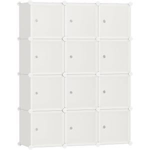 SONGMICS Cube Storage Organizer, Set of 12 Plastic Cubes, Closet Storage Shelves, DIY Plastic Closet Cabinet, Modular Bookcase, Shelving with Doors for Bedroom, Living Room, Cream White ULPC342W02