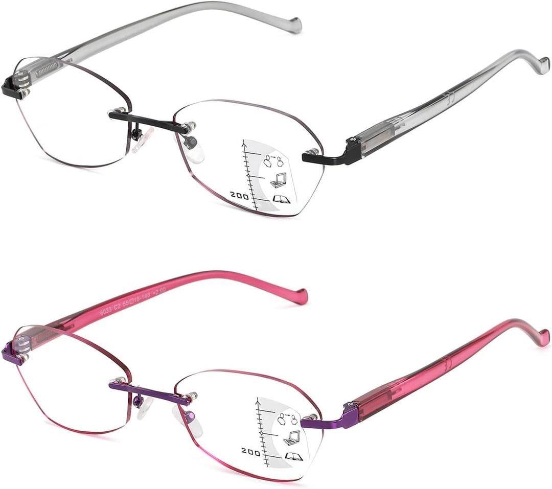 Multifocus Reading Glasses Women Progressive Multifocal No Line Bifocal Rimless Reader Blue Light Computer Eyeglasses, 3.0 Diopters